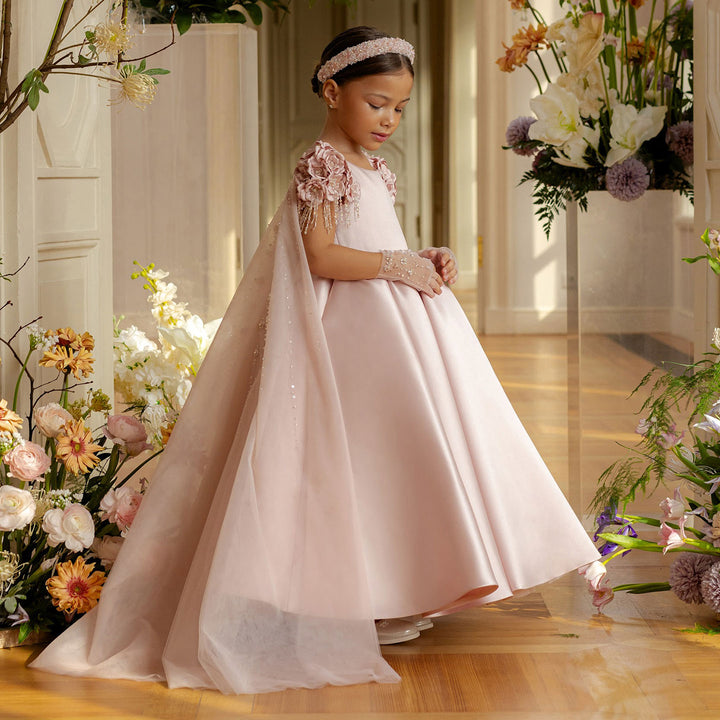 DreamyVow Luxury Dusty Pink Girl Dress Beadeds Arabic with Cap Handmade Flowers Princess Kids Wedding Birthday Party Gown J037