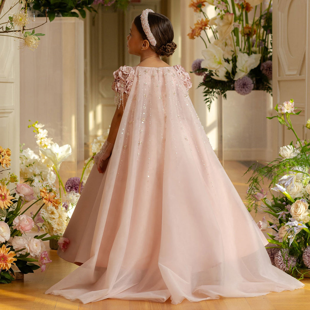 DreamyVow Luxury Dusty Pink Girl Dress Beadeds Arabic with Cap Handmade Flowers Princess Kids Wedding Birthday Party Gown J037