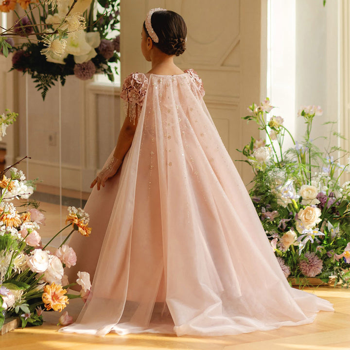 DreamyVow Luxury Dusty Pink Girl Dress Beadeds Arabic with Cap Handmade Flowers Princess Kids Wedding Birthday Party Gown J037