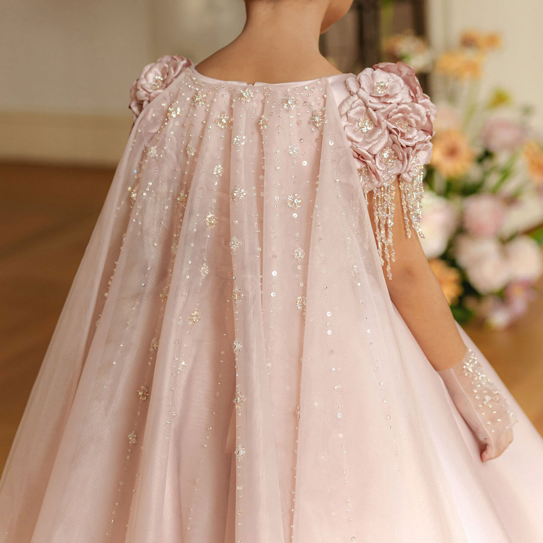 DreamyVow Luxury Dusty Pink Girl Dress Beadeds Arabic with Cap Handmade Flowers Princess Kids Wedding Birthday Party Gown J037