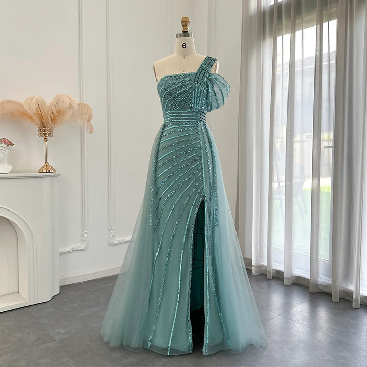 Luxury Dubai Sage Green Evening Dress One Shoulder Wedding Formal Party Gowns SS016