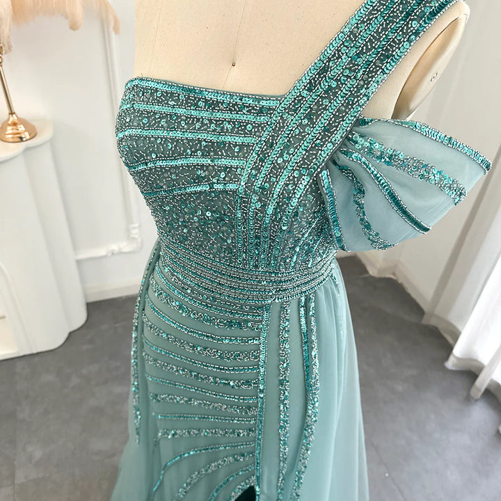 Luxury Dubai Sage Green Evening Dress One Shoulder Wedding Formal Party Gowns SS016