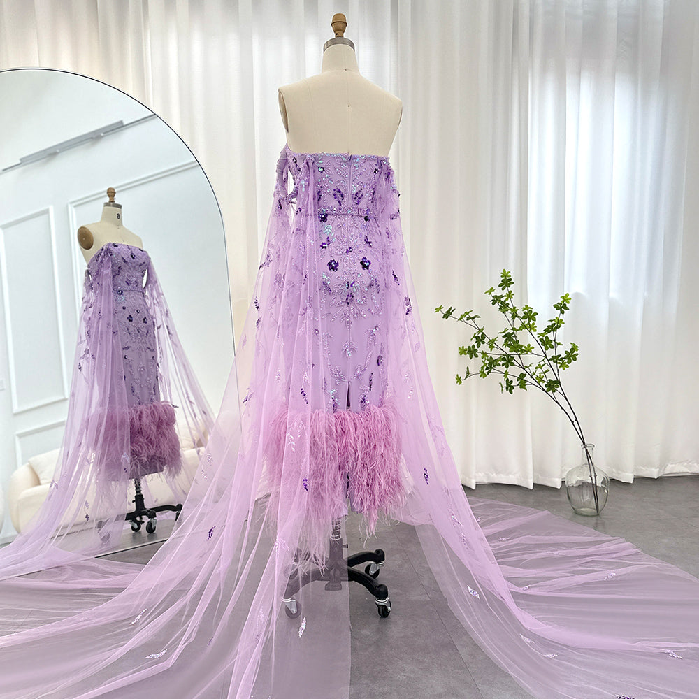 Dreamy Vow Dubai Luxury Feathers Lilac Evening Dress with Cape Sleeves Ankle Length Midi Arabic Women Wedding Party Gowns 381