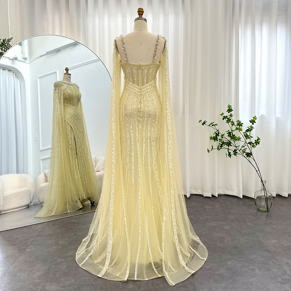 Dreamy Vow Luxury Crystal Dubai Yellow Evening Dress with Cape Sleeves 2023 Lilac Arabic Mermaid Women Wedding Party Gown 203