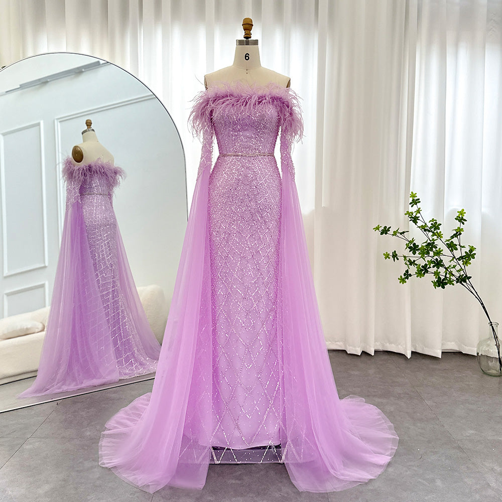 Dreamy Vow Luxury Feather Turquoise Dubai Evening Dress with Cape Sleeves Lilac Arabic Women Wedding Party Prom Gown 261