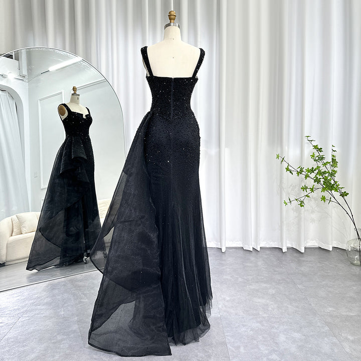Dreamy Vow Luxury Dubai Beaded Black Mermaid Evening Dresses 2023 Celebrity Arabic Women Party Prom Gowns with High Slit 385