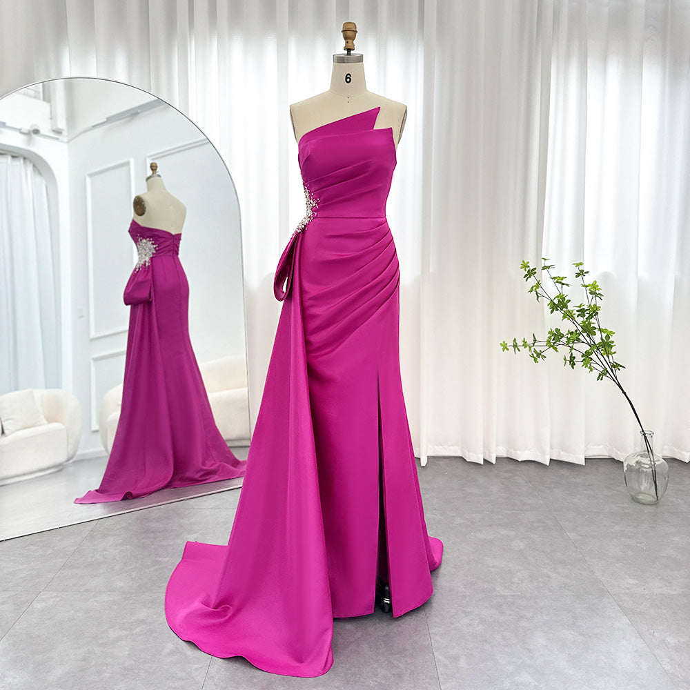 Dreamy Vow Elegant Mermaid Long Fuchsia Evening Dresses 2023 Arabic Overskirt Side Slit Women Wedding Formal Party Gowns 402