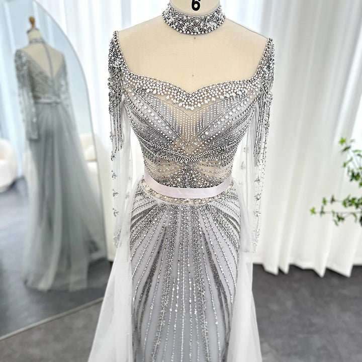 Dreamy Vow Luxury Champagne Mermaid Dubai Evening Dress with Detachable Overskirt Arabic Women Wedding Formal Party Gowns SS265