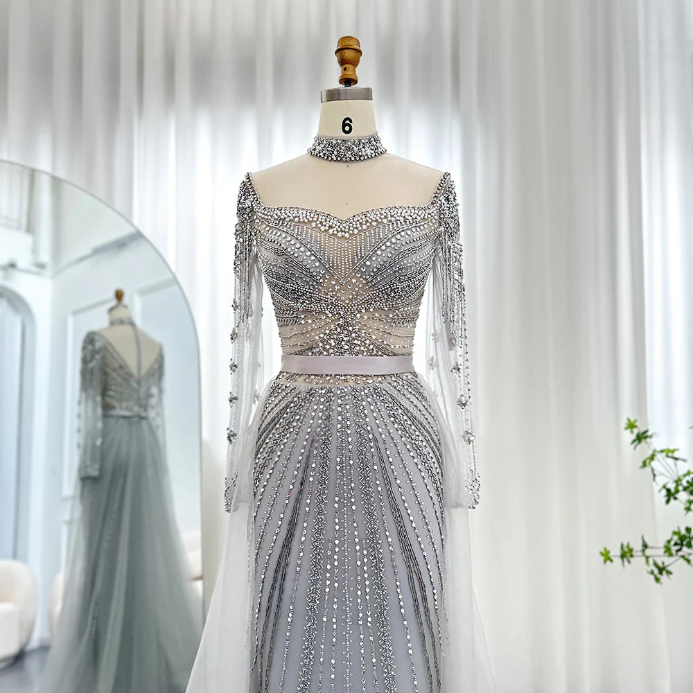 Dreamy Vow Luxus Champagner Meerjungfrau Dubai Abendkleid mit abnehmbarem Überrock Arabische Frauen Hochzeit Formale Party Kleider SS265 