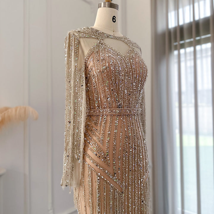 Dreamy Vow Luxury Dubai Tassel Silver Nude Mermaid Evening Dress for Women Wedding Party Long Sleeve African Prom Dresses 214