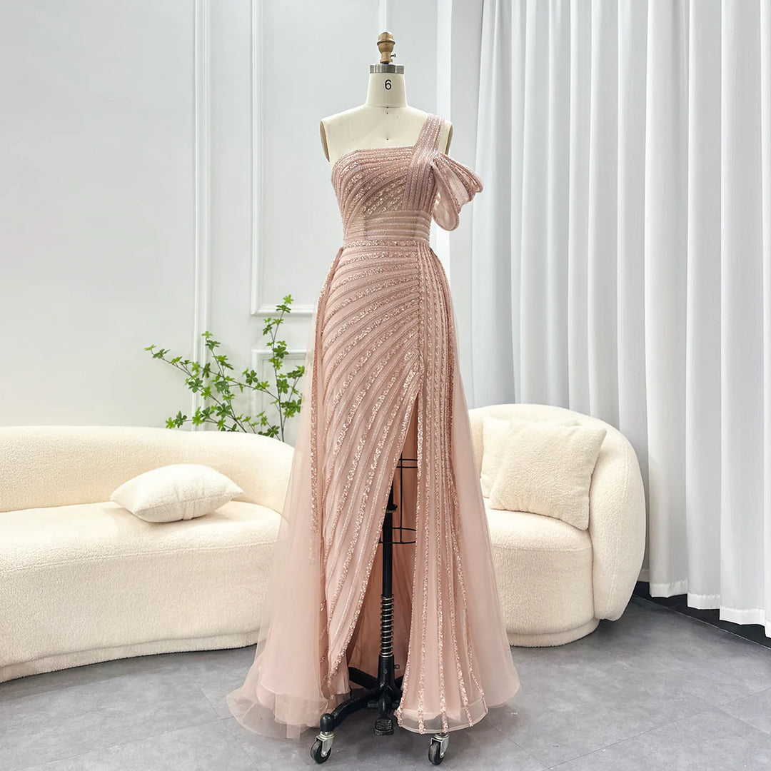 Luxury Dubai Sage Green Evening Dress One Shoulder Wedding Formal Party Gowns SS016