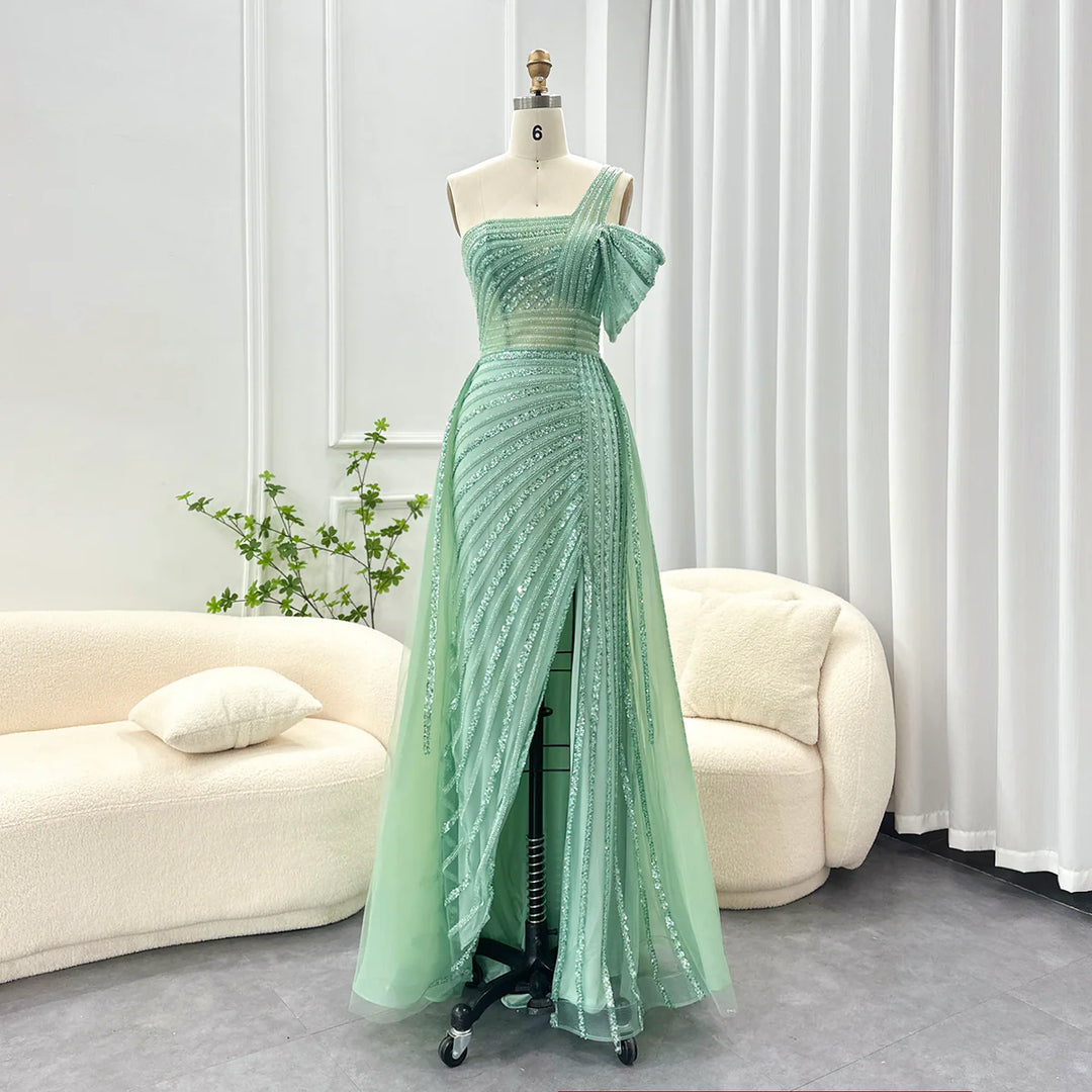 Luxury Dubai Sage Green Evening Dress One Shoulder Wedding Formal Party Gowns SS016