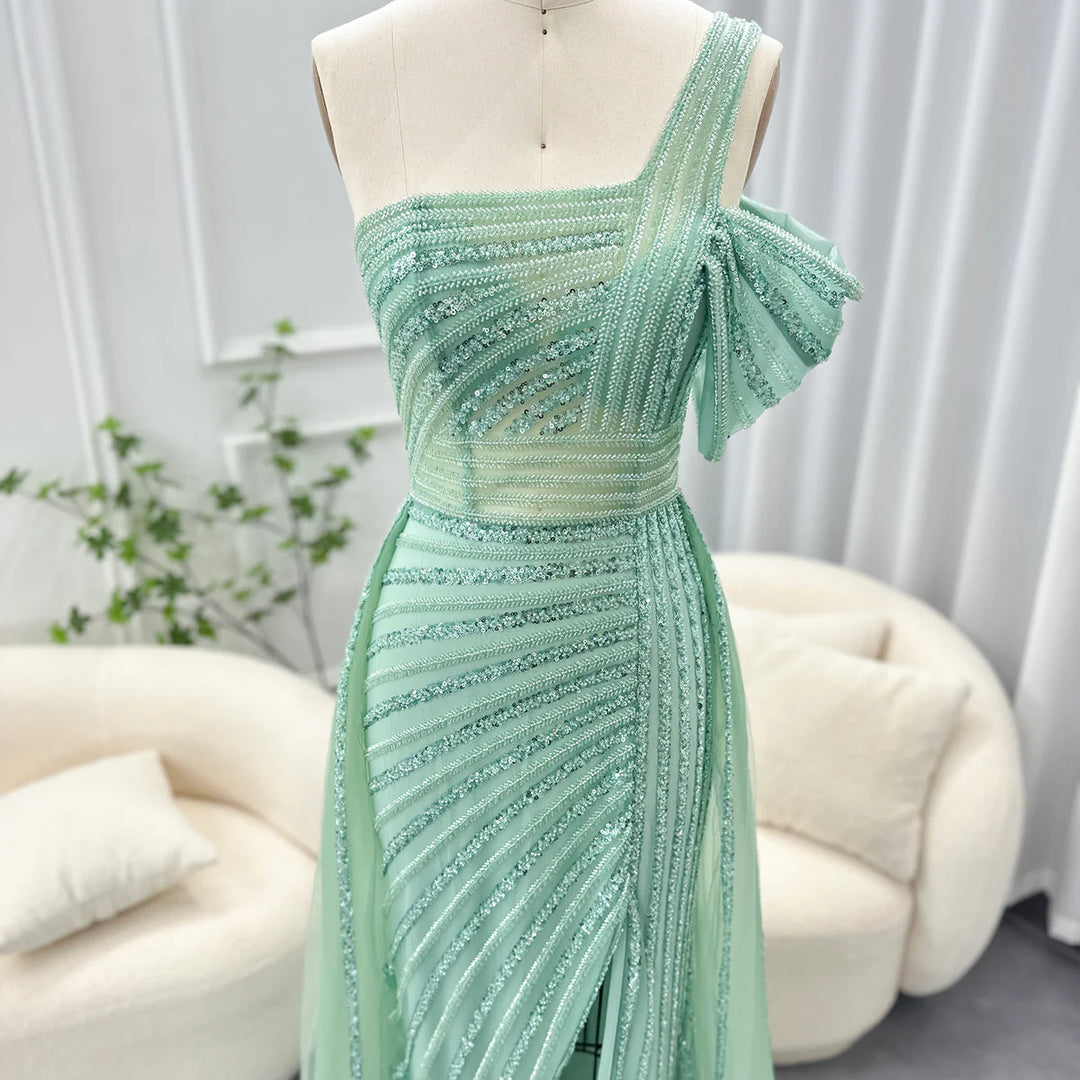 Luxury Dubai Sage Green Evening Dress One Shoulder Wedding Formal Party Gowns SS016