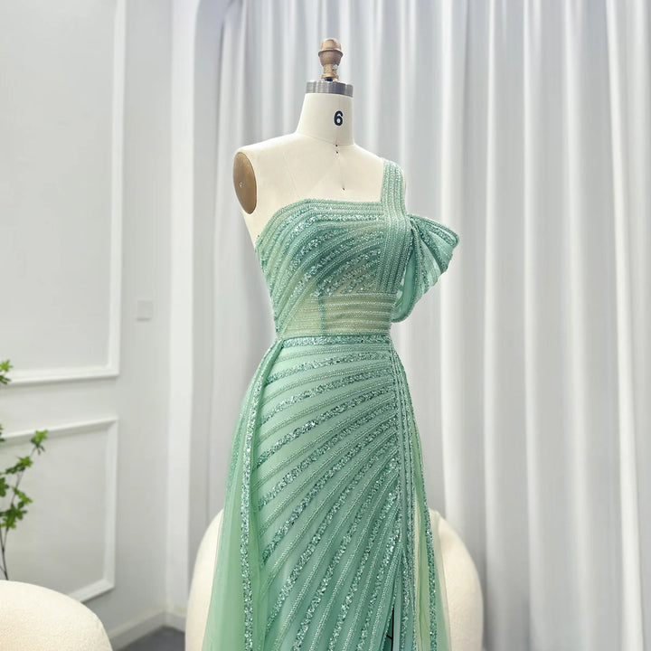 Luxury Dubai Sage Green Evening Dress One Shoulder Wedding Formal Party Gowns SS016