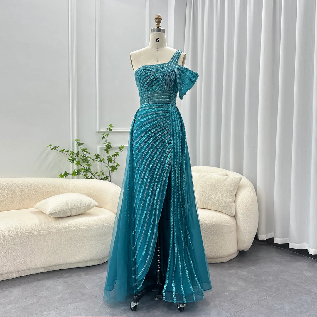 Luxury Dubai Sage Green Evening Dress One Shoulder Wedding Formal Party Gowns SS016