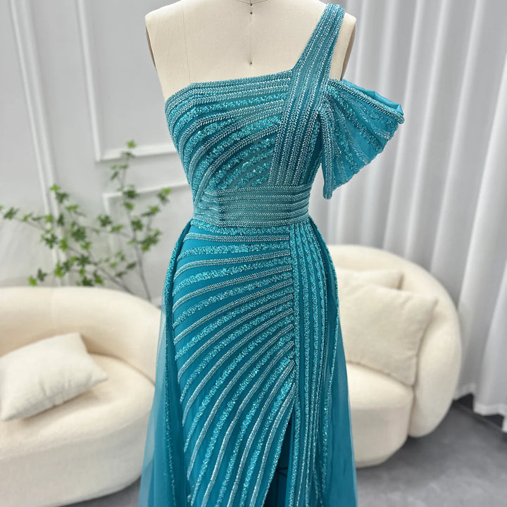 Luxury Dubai Sage Green Evening Dress One Shoulder Wedding Formal Party Gowns SS016