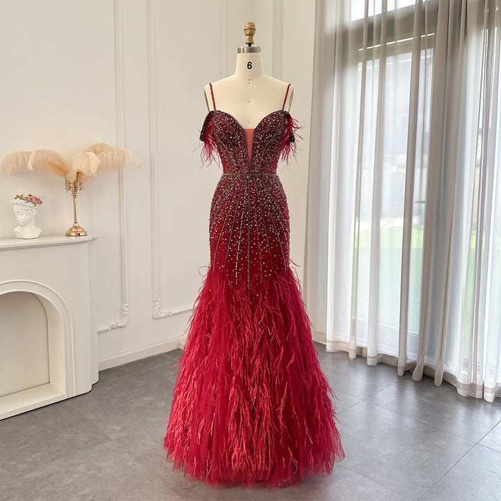 Dreamy Vow Luxury Feathers White Nude Prom Evening Dresses 2023 Elegant Burgundy Long Navy Blue Wedding Formal Party Gown 121