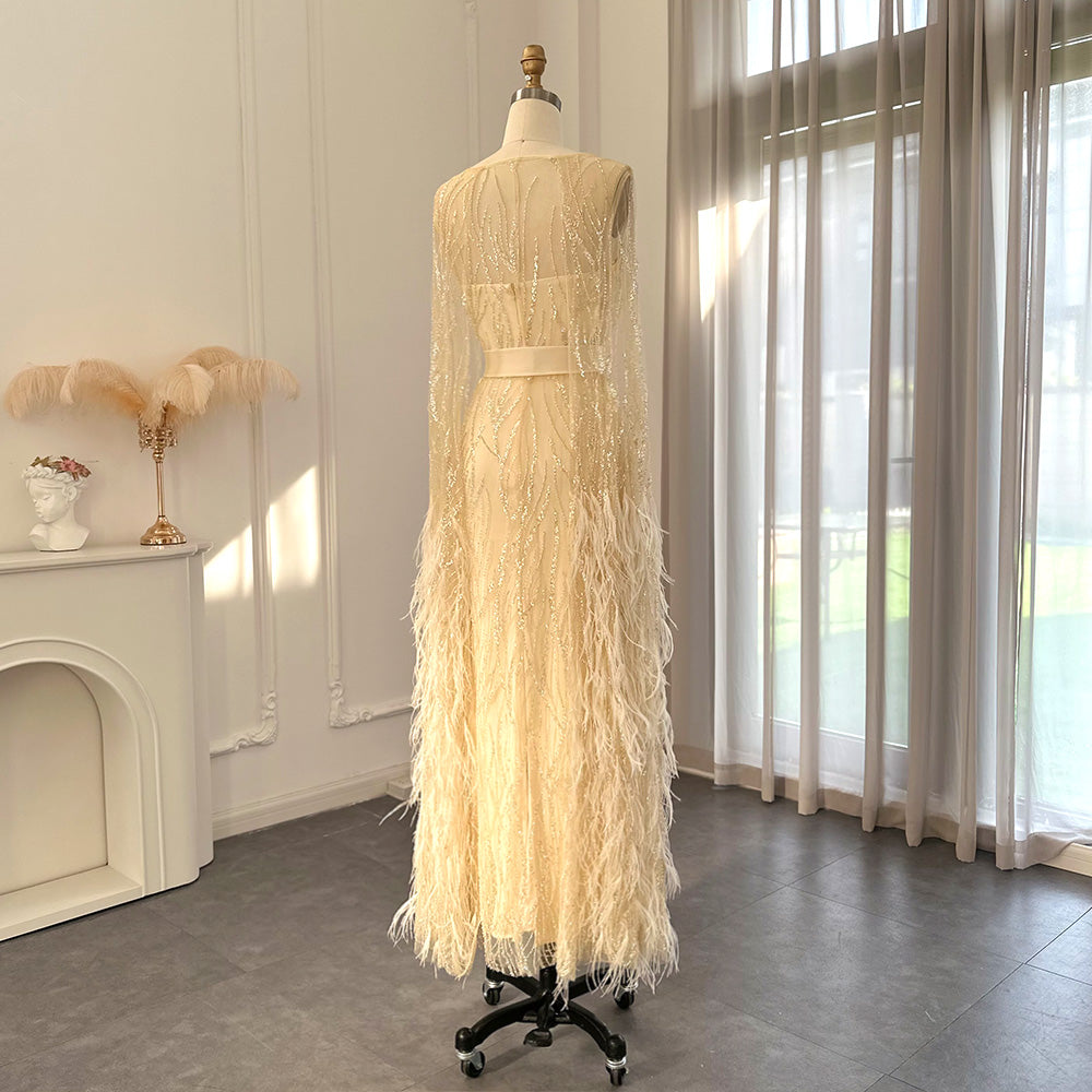 DreamyVow Luxury Dubai Feathers Light Yellow Evening Dresses with Cape Sleeves Arabic Purple Women Wedding Party Gowns 420