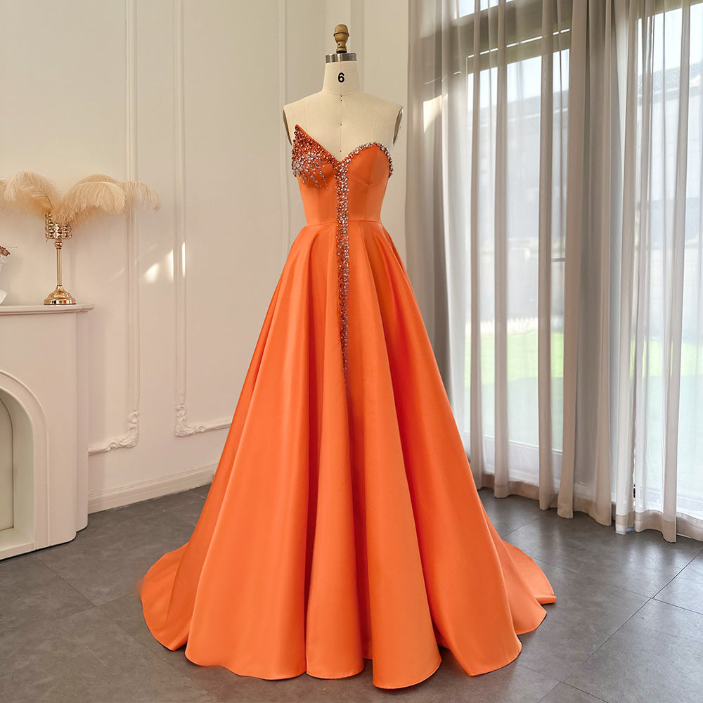 Dreamy Vow Elegant Orange Satin Arabic Evening Dress 2023 Luxury Dubai Crystal Side Slit Black Women Wedding Party Gowns 364