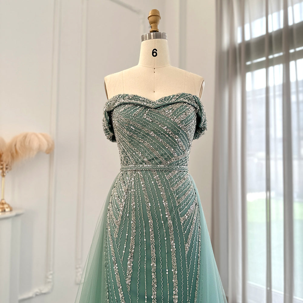 Dreamy Vow For Sale Off Shoulder Sage Green Overskirt Evening Dress SS244