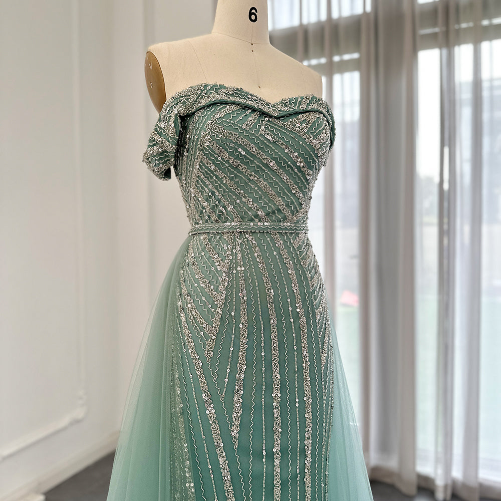 Dreamy Vow For Sale Off Shoulder Sage Green Overskirt Evening Dress SS244