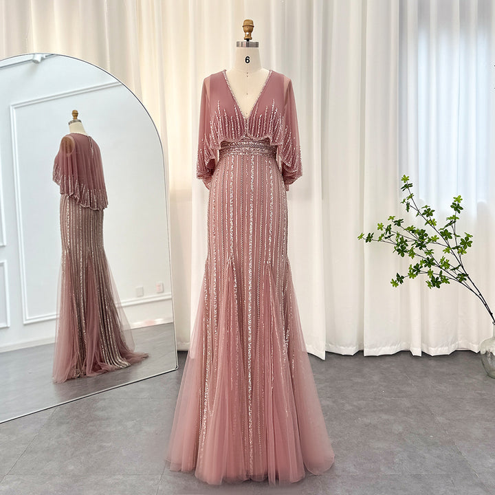 Dreamy Vow Luxury Pink Mermaid Dubai Evening Dresses with Cape SS284