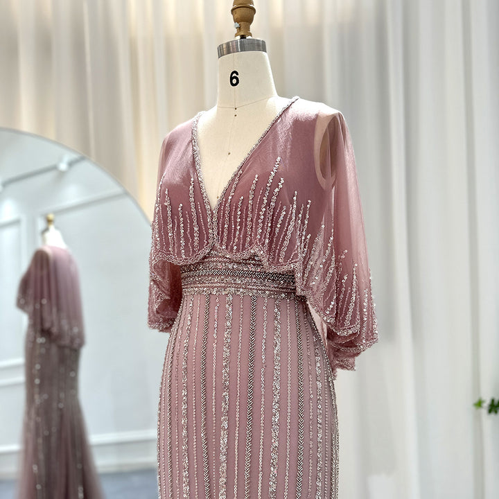 Dreamy Vow Luxury Pink Mermaid Dubai Evening Dresses with Cape SS284