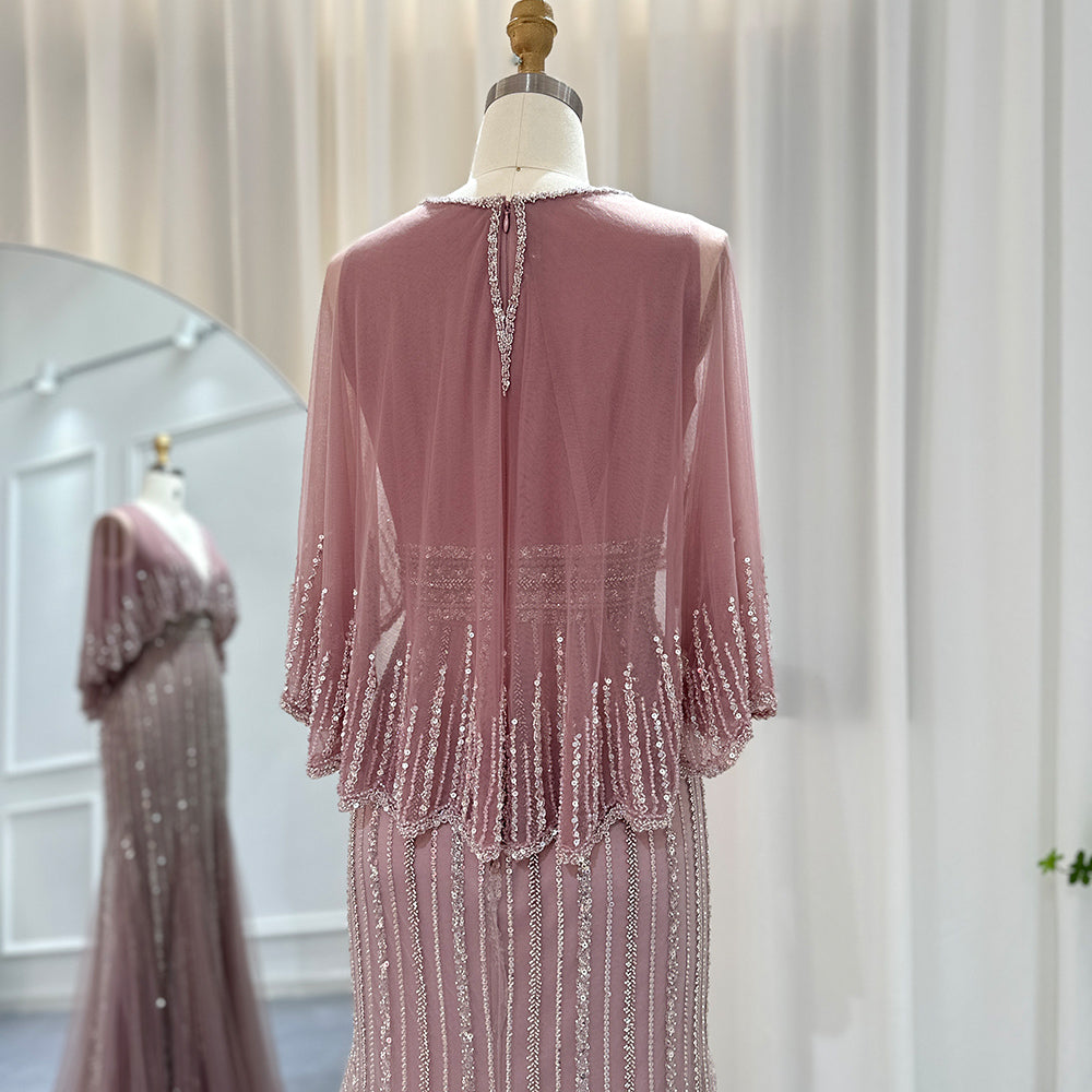 Dreamy Vow Luxury Pink Mermaid Dubai Evening Dresses with Cape SS284