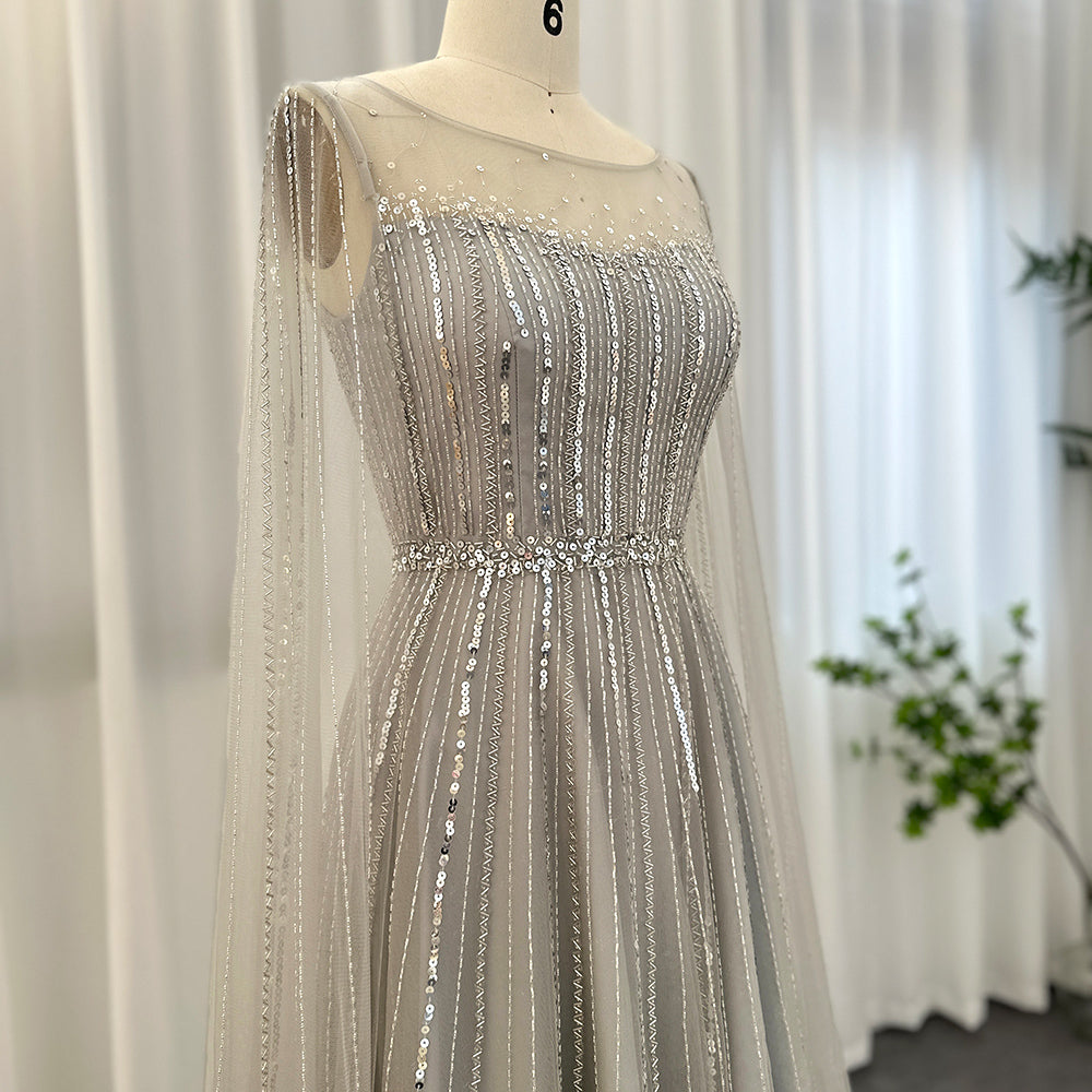 Dreamy Vow Elegant Silver Gold Luxury Dubai Evening Dresses with Cape Sleeves Arabic Women Wedding Guest Party Prom Dress 217