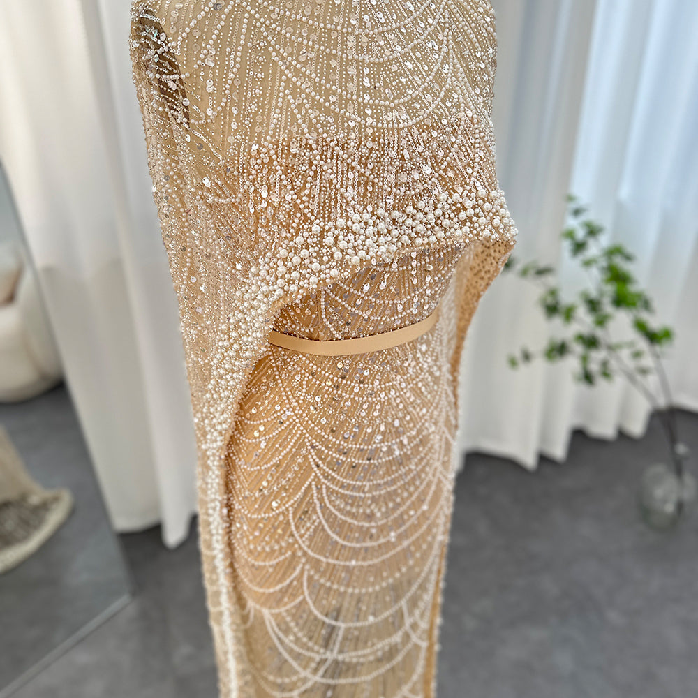 Dreamy Vow Luxury Pearls Dubai Champagne Evening Dresses with Cape 2023 New Arabic Women Mermaid Wedding Party Prom Dress 369