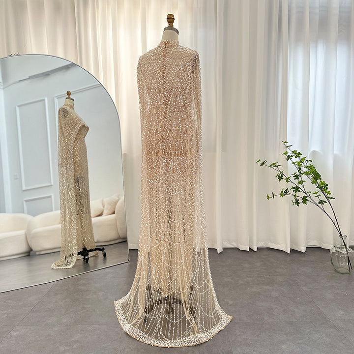 Dreamy Vow Luxury Pearls Dubai Champagne Evening Dresses with Cape 2023 New Arabic Women Mermaid Wedding Party Prom Dress 369
