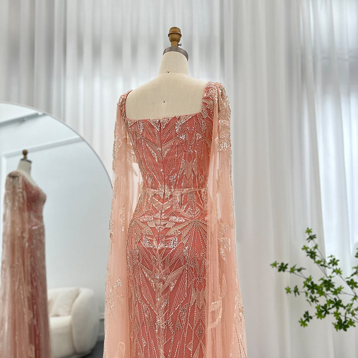 Dreamy Vow Saudi Arabic Nude Pink Luxury Dubai Evening Dresses with Cape Sleeves Square Collar Women Wedding Party Gowns 497