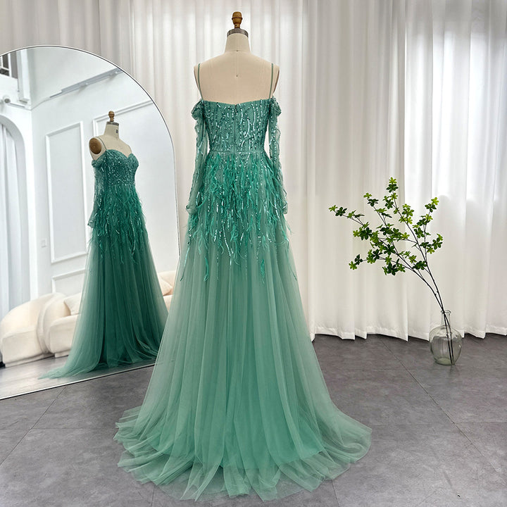 Dreamy Vow Luxury Dubai Feathers Lilac Evening Dresses for Women Wedding Elegant Emerald Green Arabic Formal Party Gowns 351