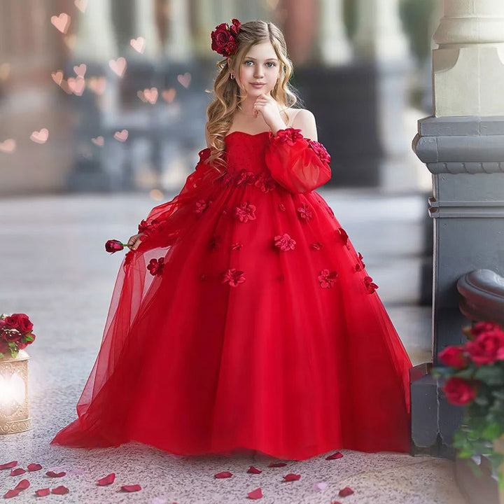 DreamyVow Elegant 3D Flowers Red Girl Dress Long Sleeve Princess Gown J274