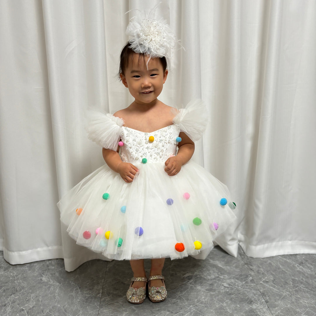 DreamyVow White Girl Dresses with Hairband for Baby Wedding Birthday Party J032