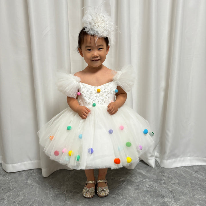 DreamyVow White Girl Dresses with Hairband for Baby Wedding Birthday Party J032