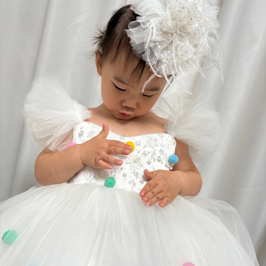 DreamyVow White Girl Dresses with Hairband for Baby Wedding Birthday Party J032