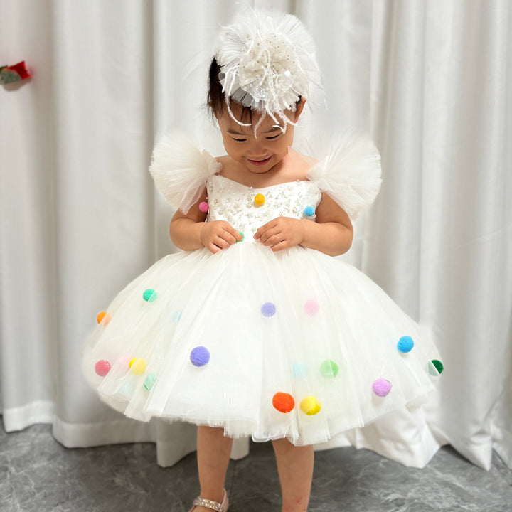 DreamyVow White Girl Dresses with Hairband for Baby Wedding Birthday Party J032