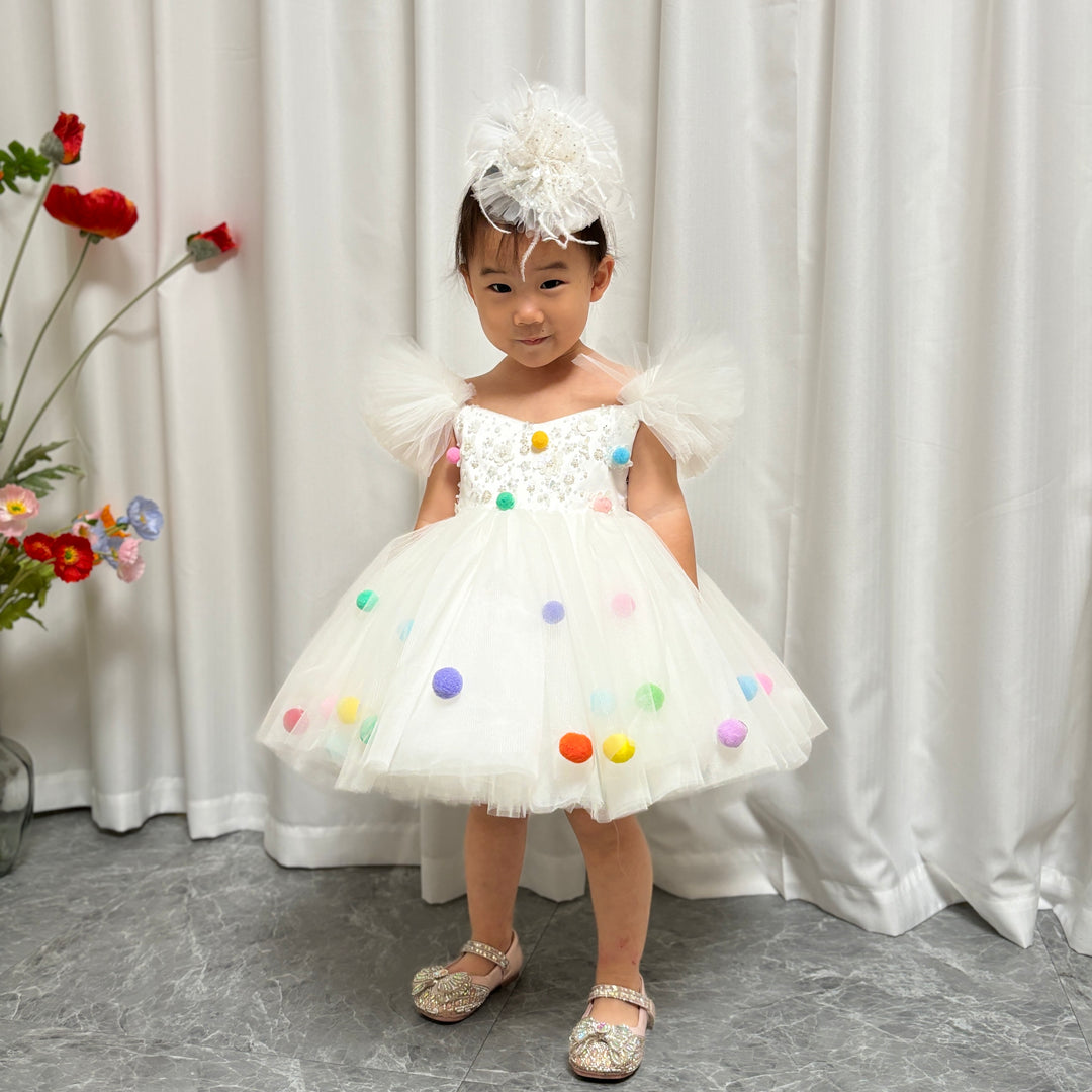 DreamyVow White Girl Dresses with Hairband for Baby Wedding Birthday Party J032