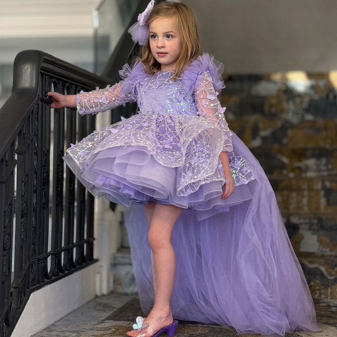 DreamyVow Sequins Lilac Long Sleeve Girl Dress Knee Length J287