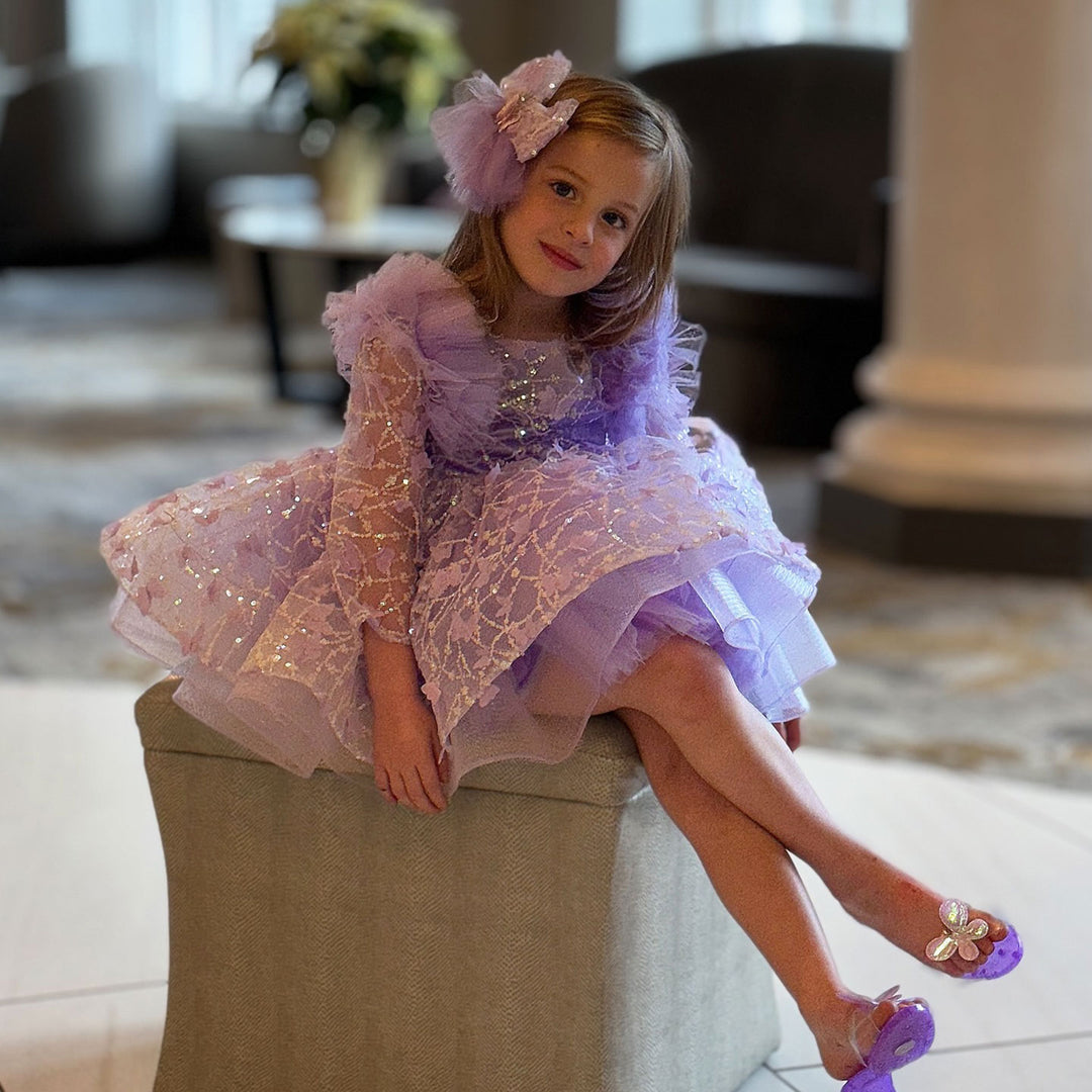 DreamyVow Sequins Lilac Long Sleeve Girl Dress Knee Length J287