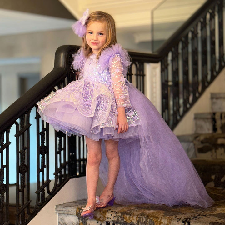 DreamyVow Sequins Lilac Long Sleeve Girl Dress Knee Length J287