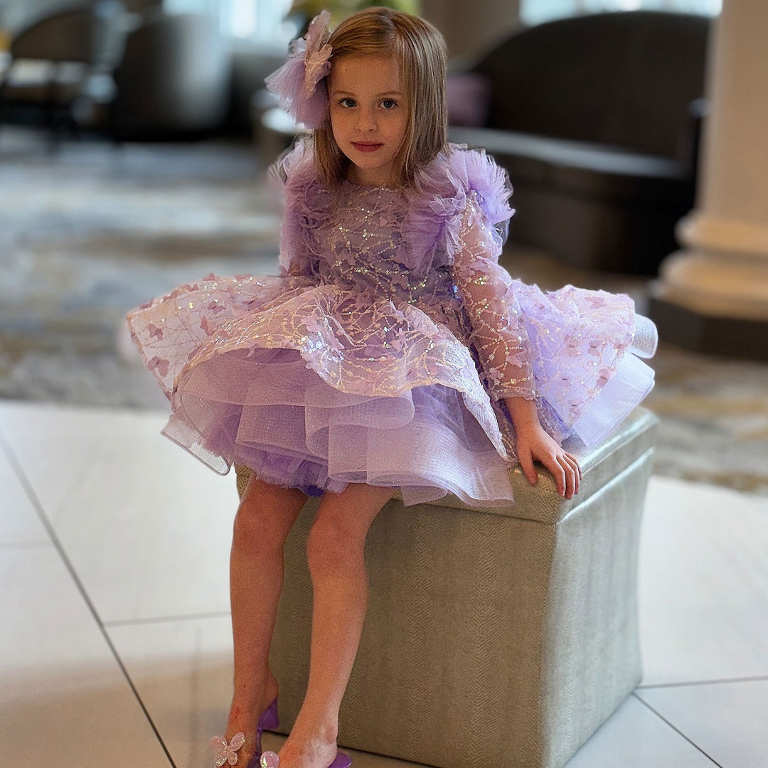 DreamyVow Sequins Flower Girl Dress Knee Length Long Sleeve Party Gown J241