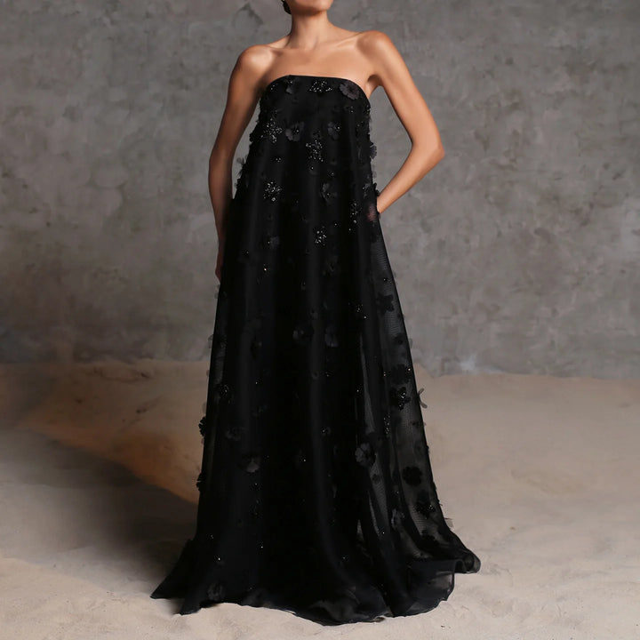 Dreamy Vow Luxury 3D Flowers Black Strapless Evening Dress SS542