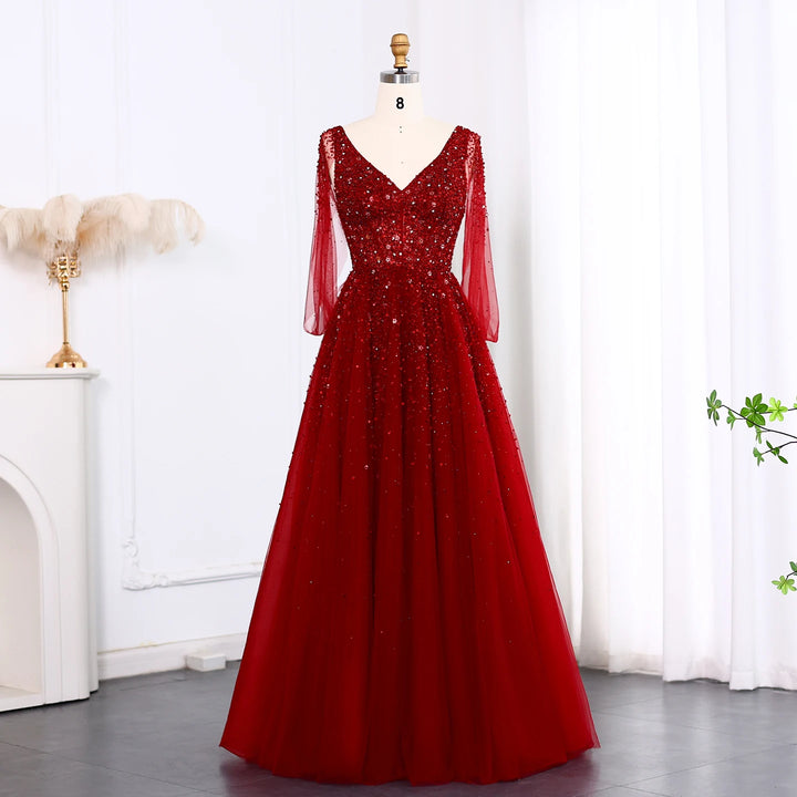 Dreamy Vow Luxury Wine Red Dubai Evening Dresses with Cape Sleeves SS583