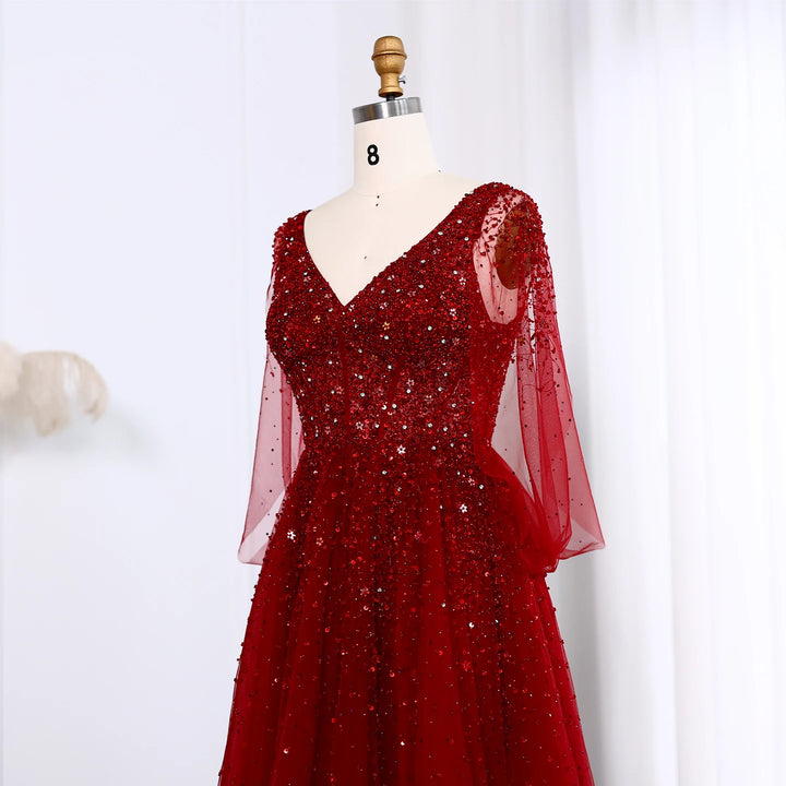 Dreamy Vow Luxury Wine Red Dubai Evening Dresses with Cape Sleeves SS583