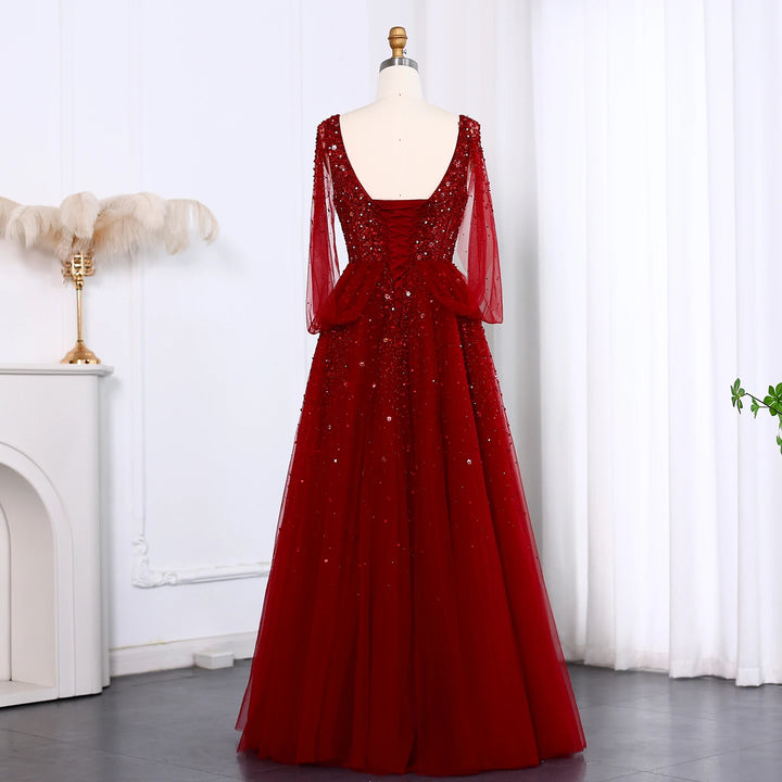 Dreamy Vow Luxury Wine Red Dubai Evening Dresses with Cape Sleeves SS583