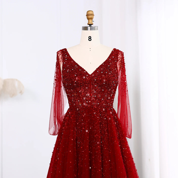 Dreamy Vow Luxury Wine Red Dubai Evening Dresses with Cape Sleeves SS583