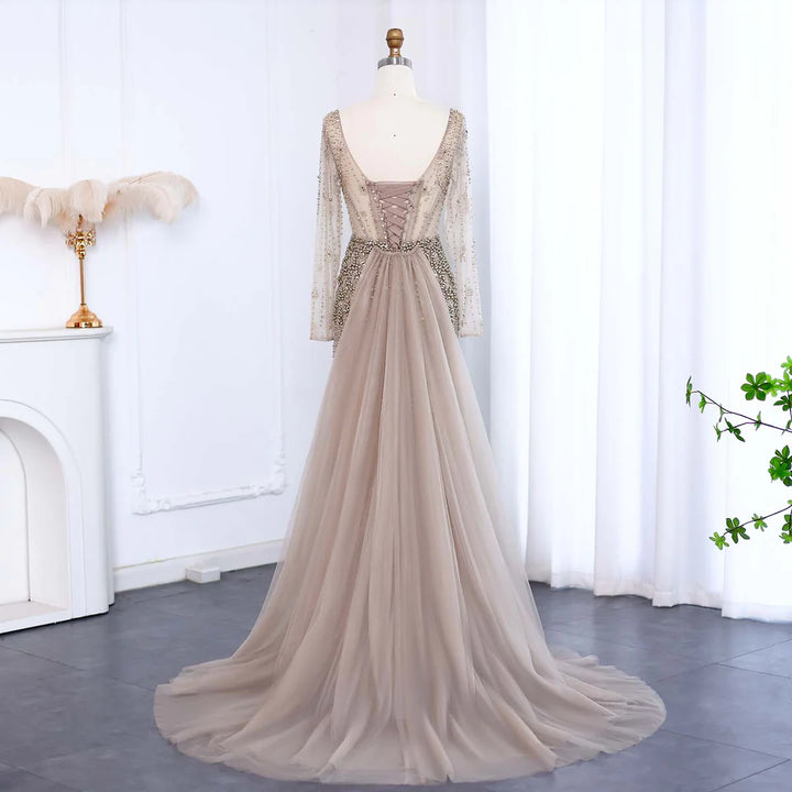 Dreamy Vow Luxury Caramel Long Sleeves Evening Dress with Overskirt SS148