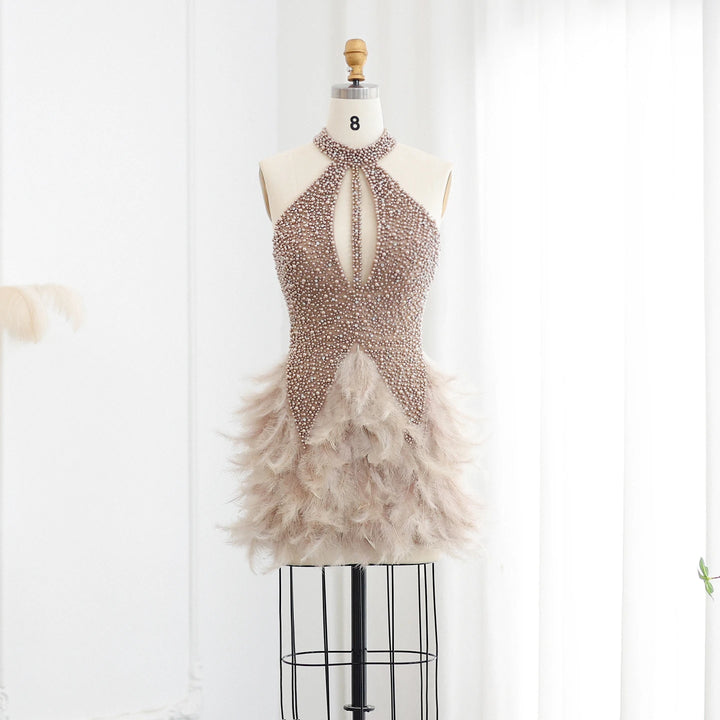 Dreamy Vow Luxury Feathers Pearls Nude Short Cocktail Party Dresses SS149